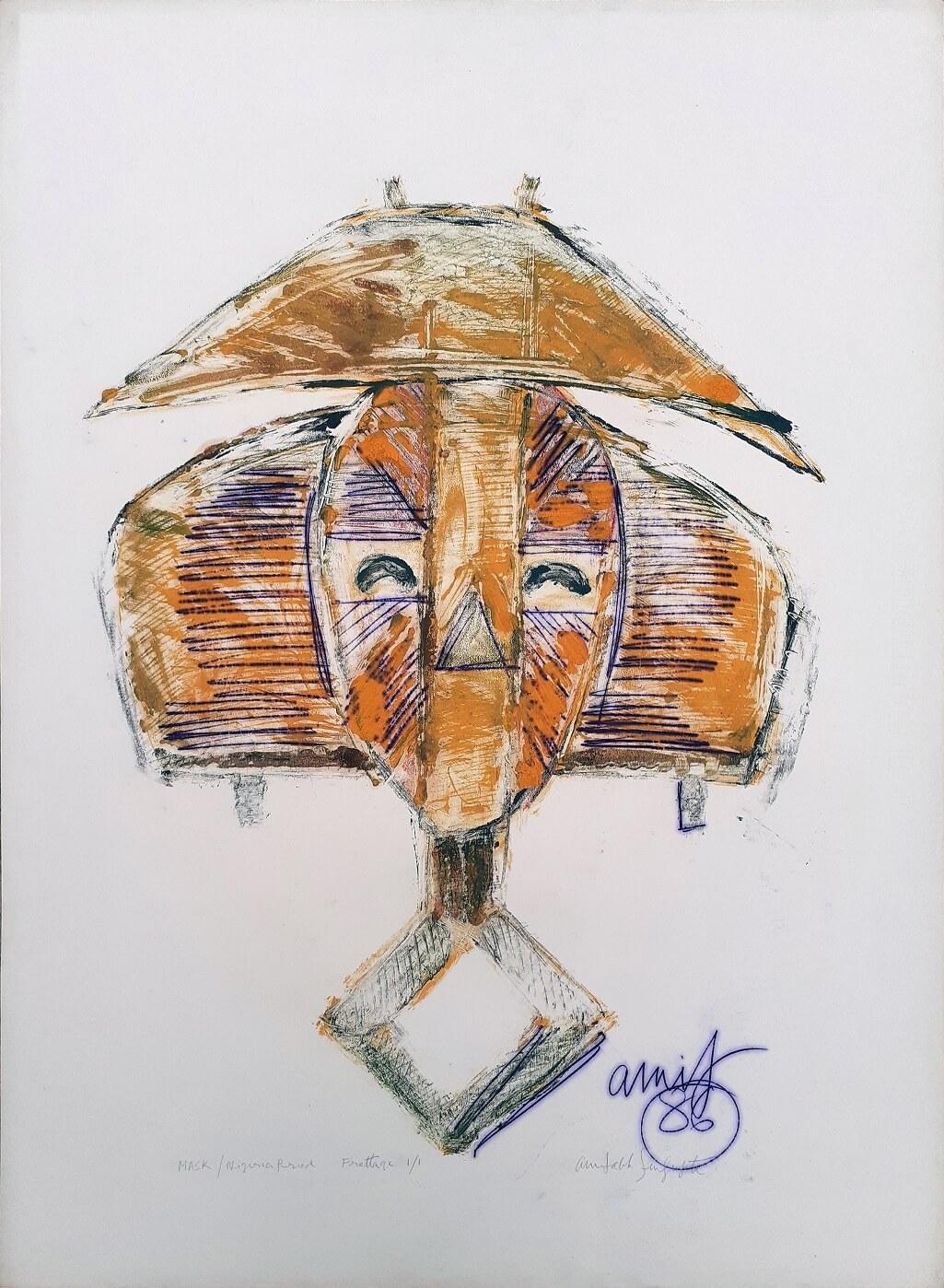 Amitabh Sengupta Abstract Painting - Mask Nigeria Period, Frottage on Paper, Edition 1/1 by Indian Artist "In Stock"