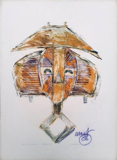 Mask Nigeria Periode, Frottage auf Papier, Auflage 1/1 von indischer Künstler „“Auf Lager“