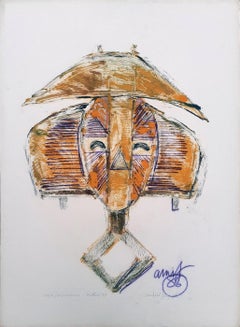 Maschera Periodo Nigeria, Frottage su carta, Edizione 1/1 di Artista Indiano "In magazzino"