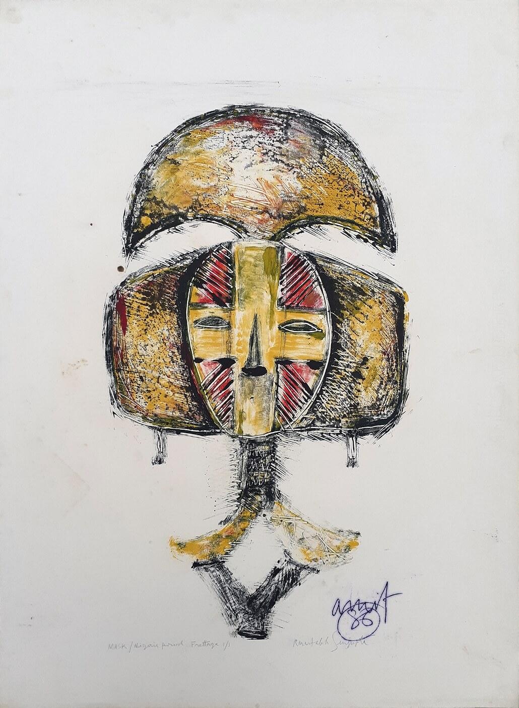 Mask Nigeria Period, Frottage on Paper, Edition 1/1 by Indian Artist "In Stock" - Mixed Media Art by Amitabh Sengupta