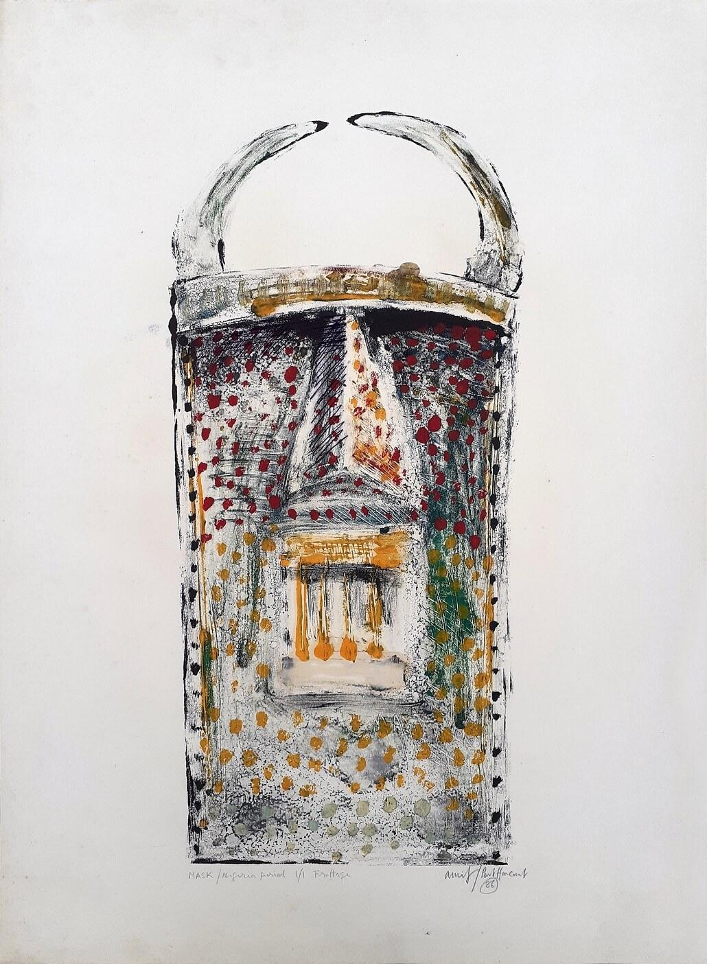 Maschera Periodo Nigeria, Frottage su carta, Edizione 1/1 di Artista Indiano "In magazzino" - Mixed Media Art di Amitabh Sengupta