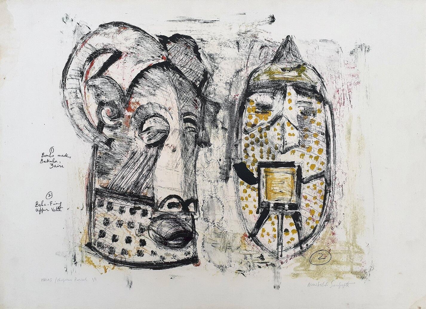 Masks Nigeria Period, Frottage on Paper, Edition 1/1 by Modern Artist "In Stock"
