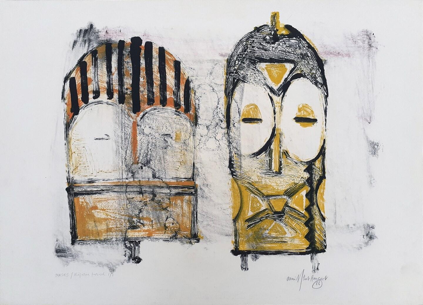 Amitabh Sengupta Abstract Painting - Masks Nigeria Period, Frottage on Paper, Edition 1/1 by Modern Artist "In Stock"