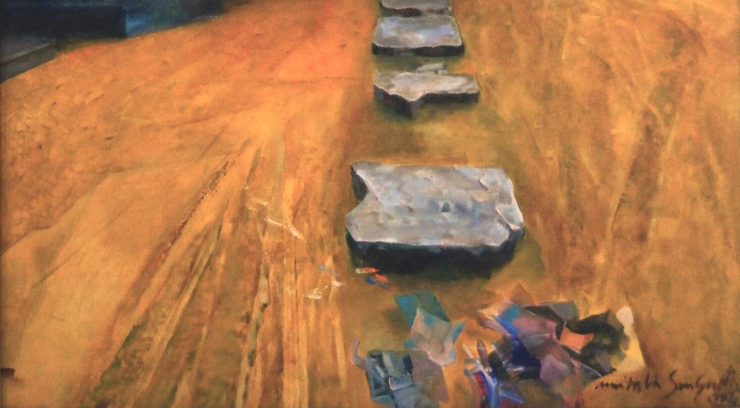 Amitabh Sengupta - Reminiscent Zone
Oil on Canvas
33.6 x 33.6 inches    85.3 x 85.3 cm
2004
( Unframed & Delivered )

Style : In Amitabh Sengupta's works TIME is depicted in various metaphors. As in the remains of rock-cut shrines or shelters, the