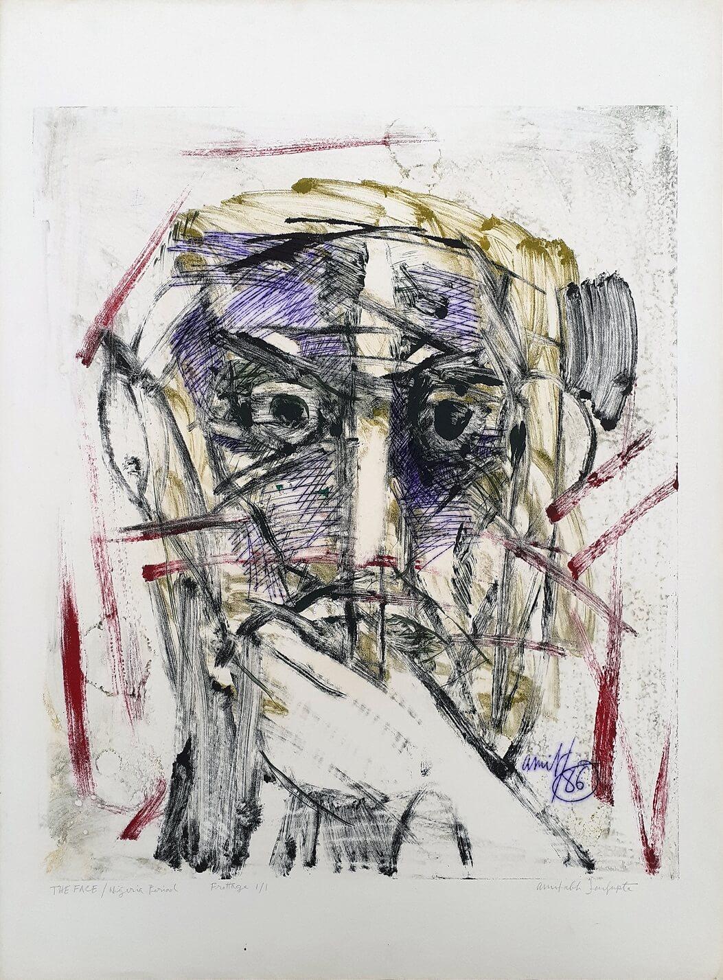 The Face Nigeria Period Frottage on Paper Edition 1/1 by Indian Artist"In Stock" - Mixed Media Art by Amitabh Sengupta