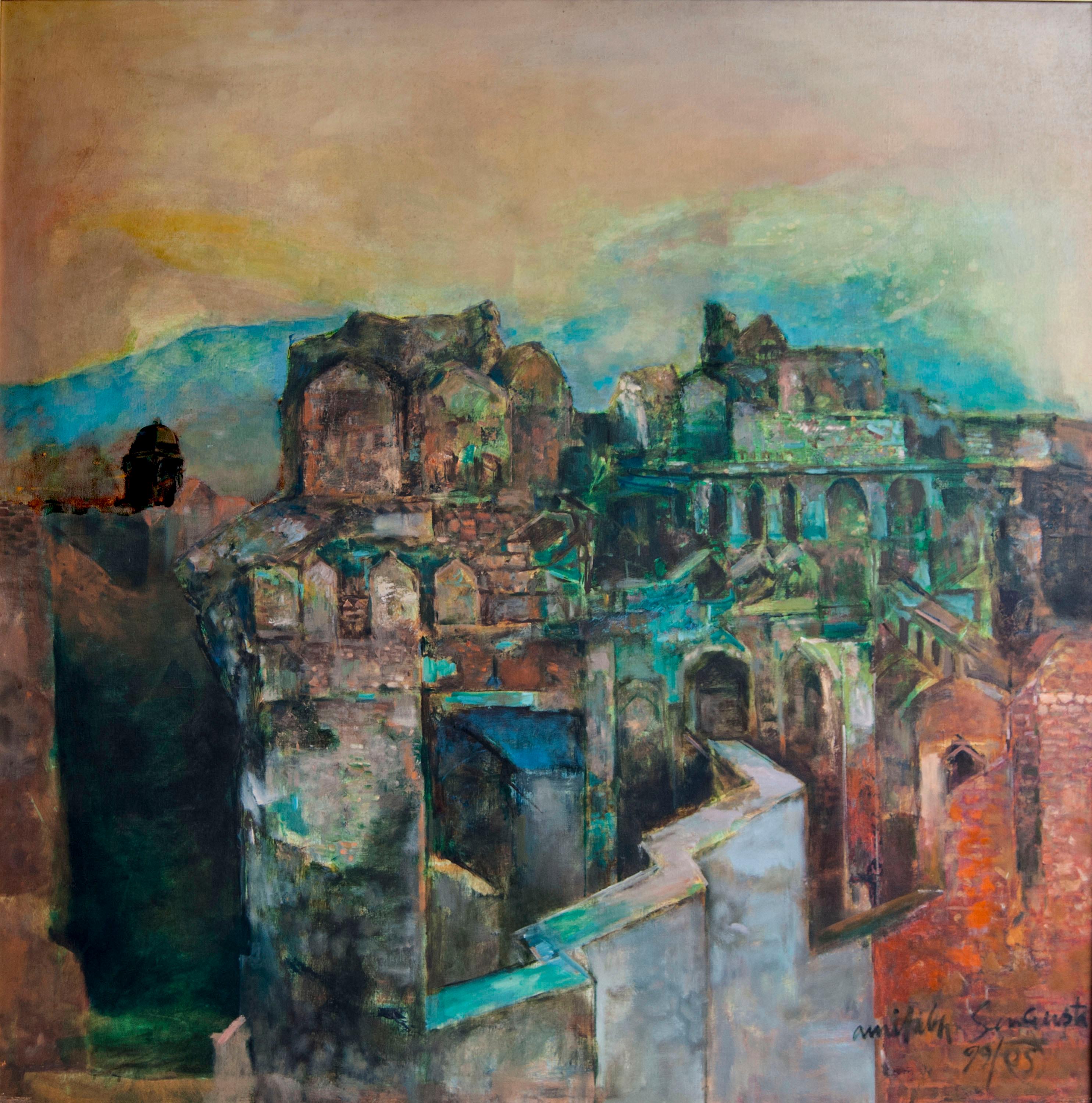 Amitabh Sengupta Abstract Painting - Unknown Fort, Mythscape, Series of Structures, Oil painting by Amitabh "In Stock"