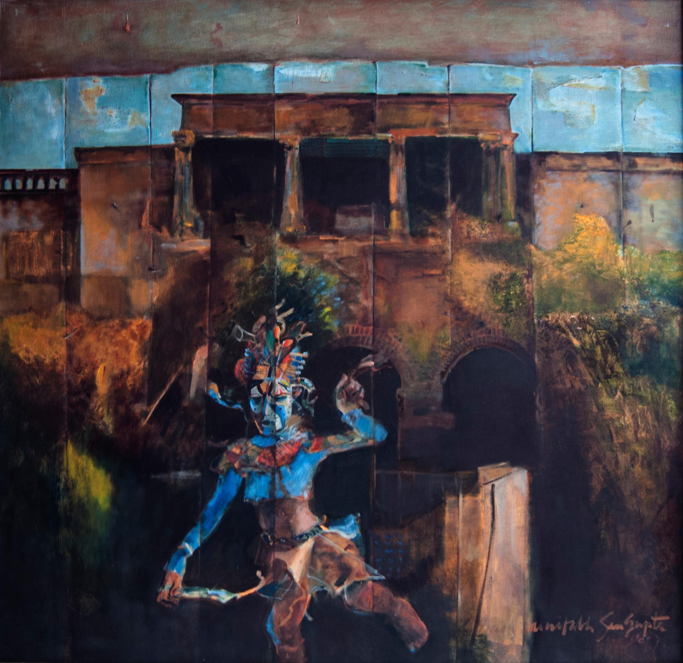 Abstract Painting de Amitabh Sengupta - Bailarina del Vacío, Serie Mythscape, Arte indio, Óleo sobre lienzo, Pintura "En Stock"