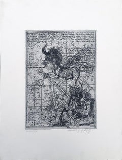 Gravure à la pointe sèche, eau-forte sur papier, couleur noire, par un artiste indien moderne, en stock