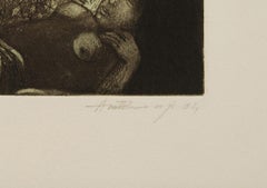 Sogno di un giorno, acquaforte su carta, blu, verde, nero, colori dell'artista indiano "In magazzino"