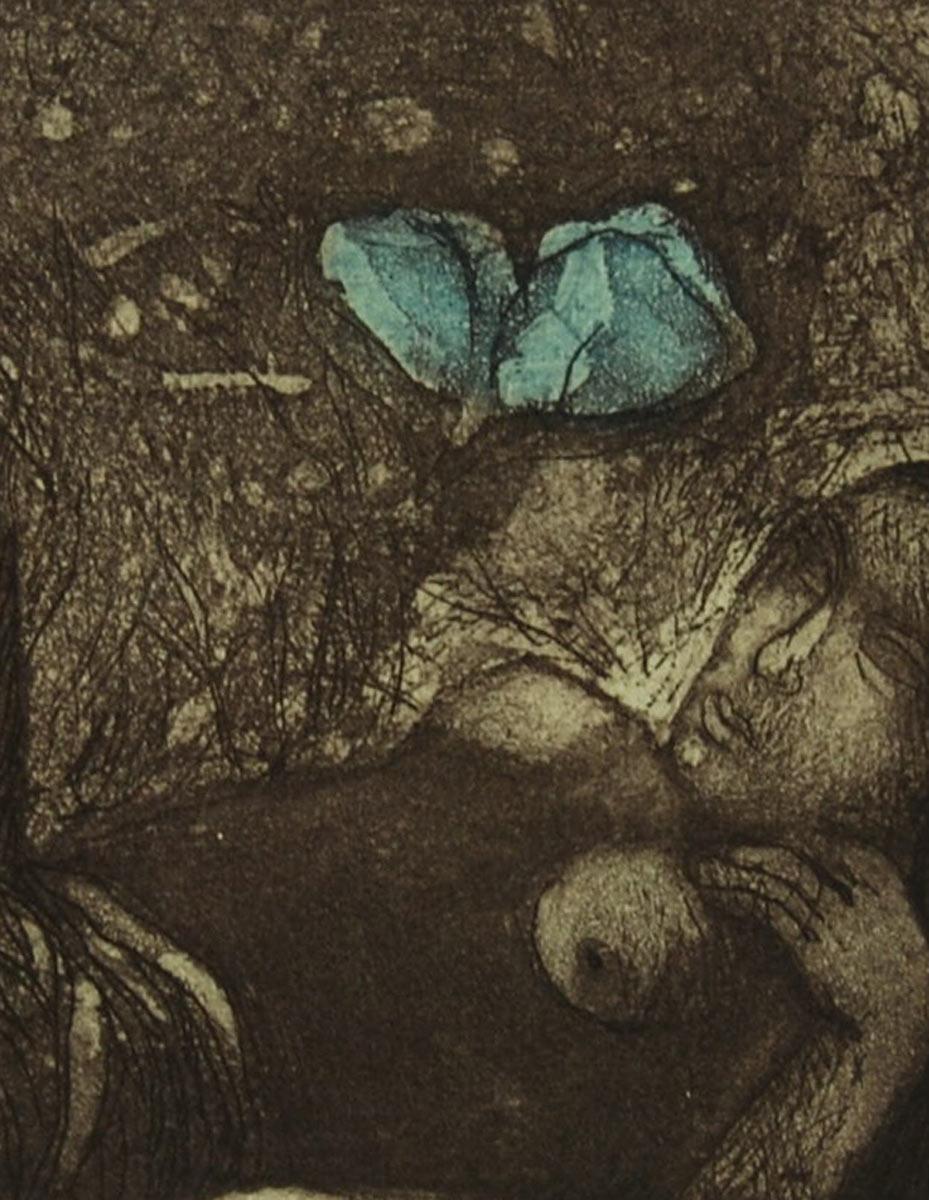 Day Dream, Etching on paper, Blue, Green, Blackcolors by Indian Artist