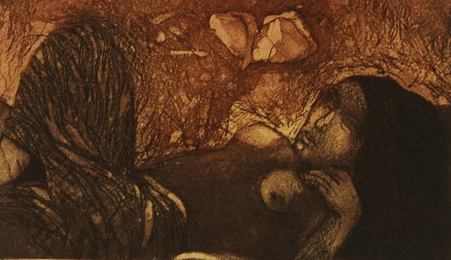 Sogno di un giorno, acquaforte su carta, colori marroni e neri di un artista indiano 