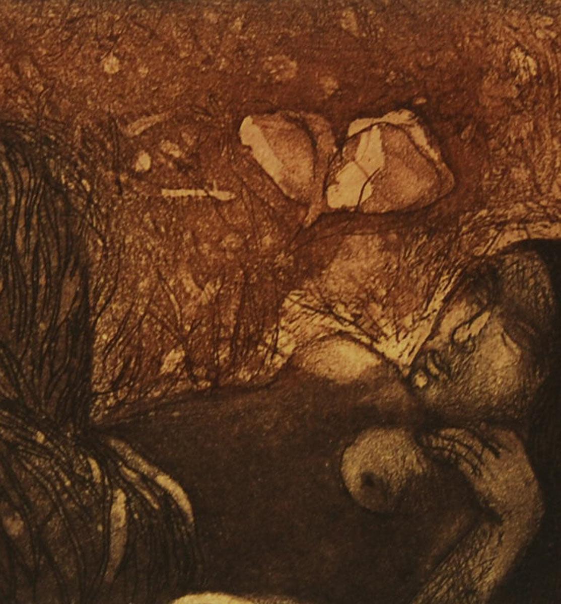Day Dream, Etching on paper, Brown, Black colors by Indian Artist 