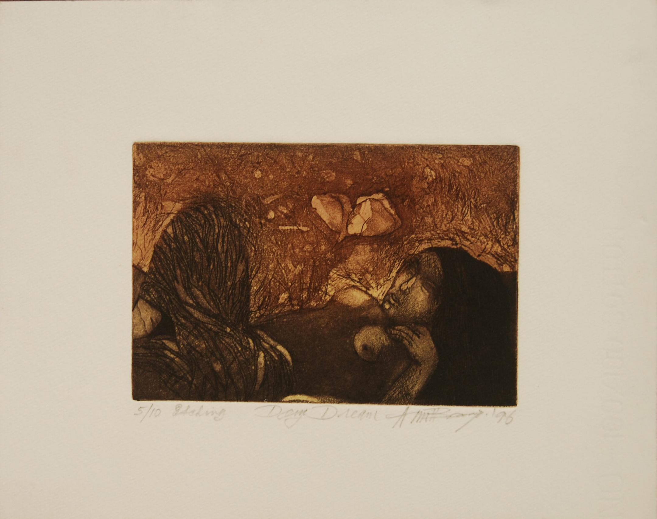Figurative Painting Amitabha Banerjee - Dream of Day, eau-forte sur papier, brun, couleurs noires de l'artiste indien « En stock »