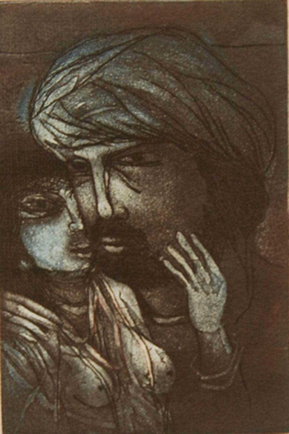 Man & Woman, Relationship, Etching on paper, Blue, Brown, Black colors