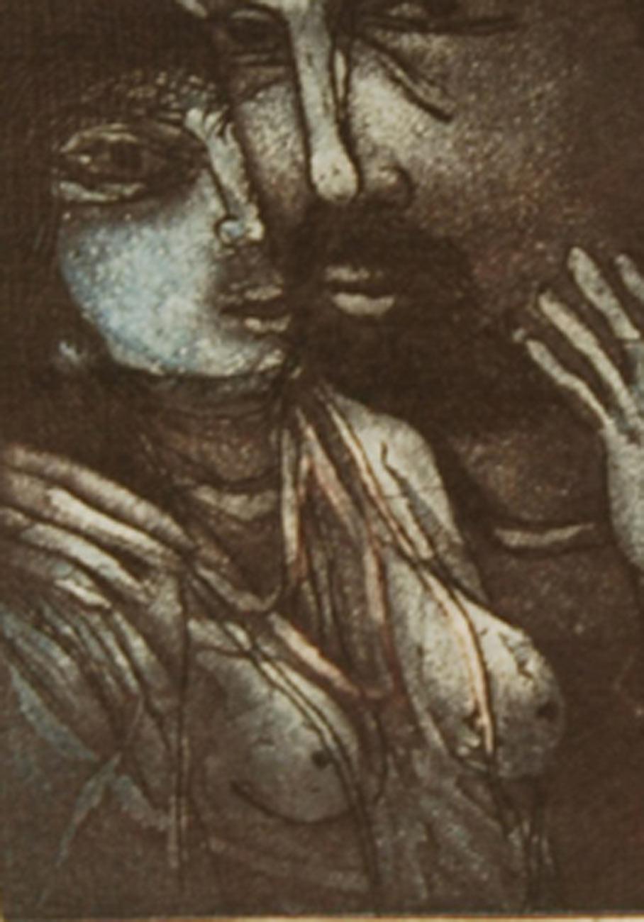 Man & Woman, Relationship, Etching on paper, Blue, Brown, Black colors