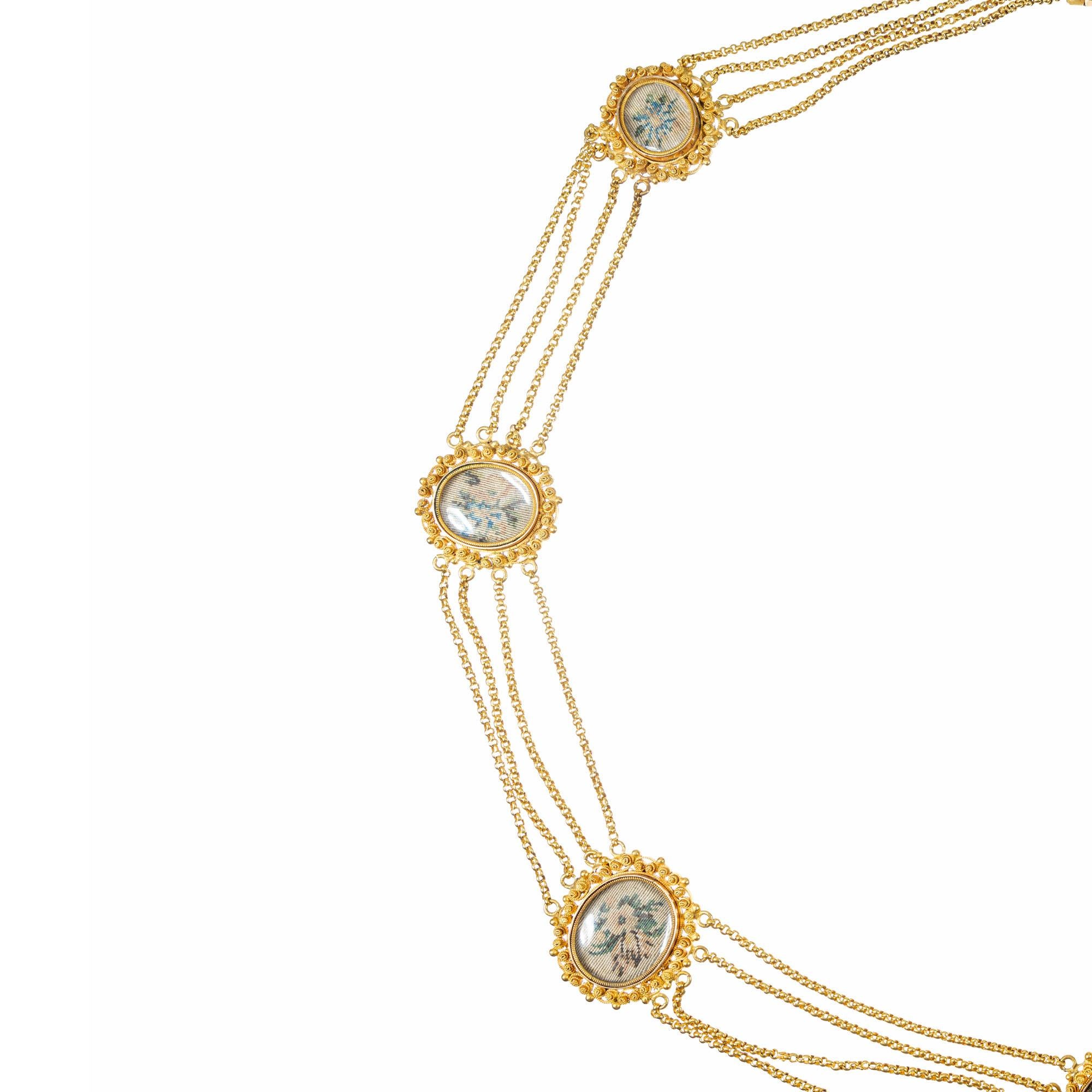 Amitie Needlepoint Yellow Gold Flower Enamel Multi-Strand Victorian Necklace 1