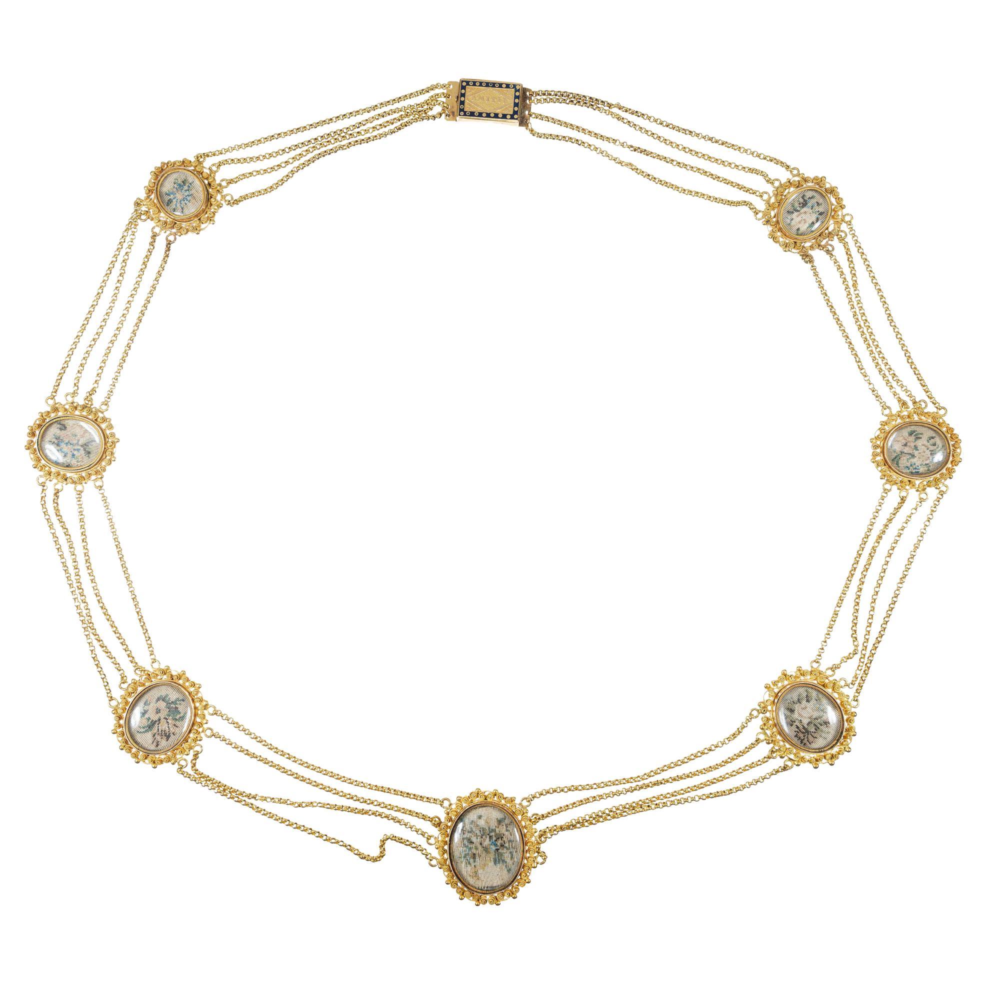 Amitie Needlepoint Yellow Gold Flower Enamel Multi-Strand Victorian Necklace