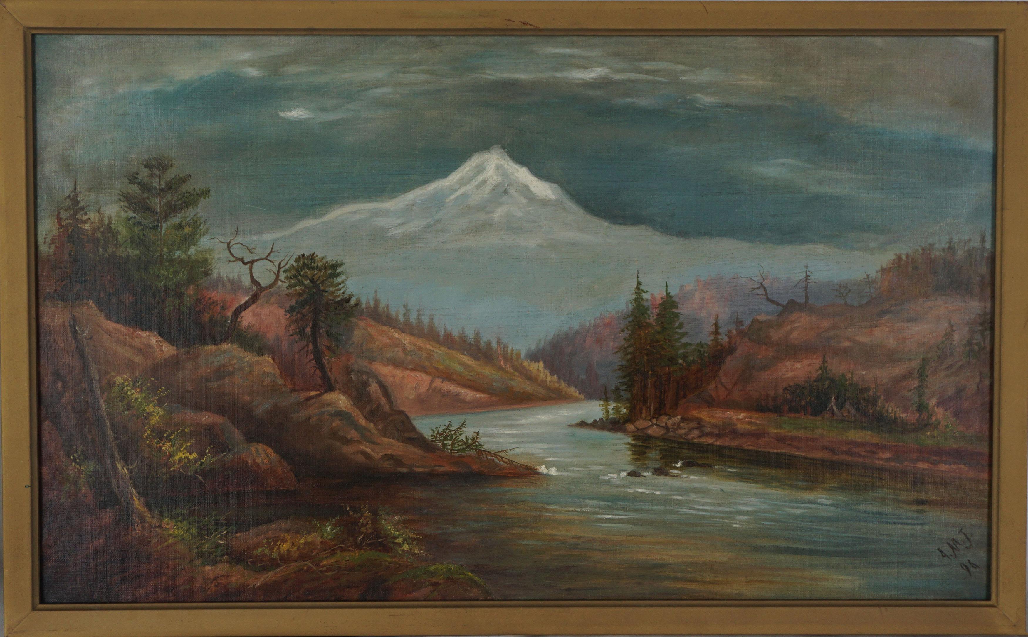 Peinture à l'huile représentant le campement des Indiens Winnemem Wintu près du mont Shasta, signée