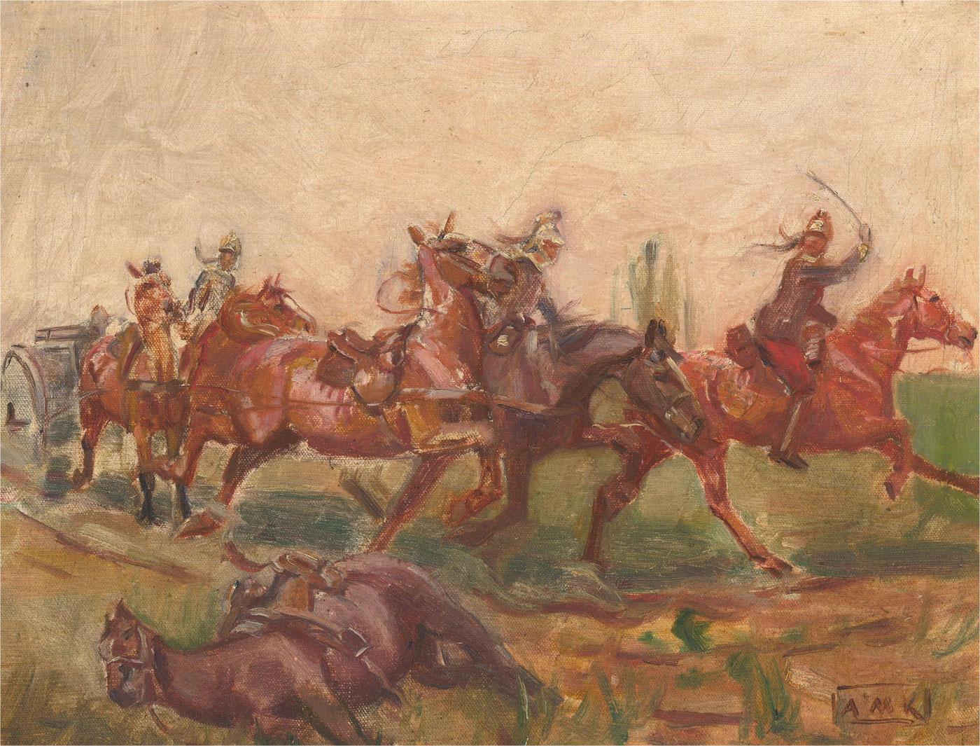 A dynamic painting of a cavalry charge with horses drawing artillery. Initialled to the lower-right corner. On canvas on stretchers.
