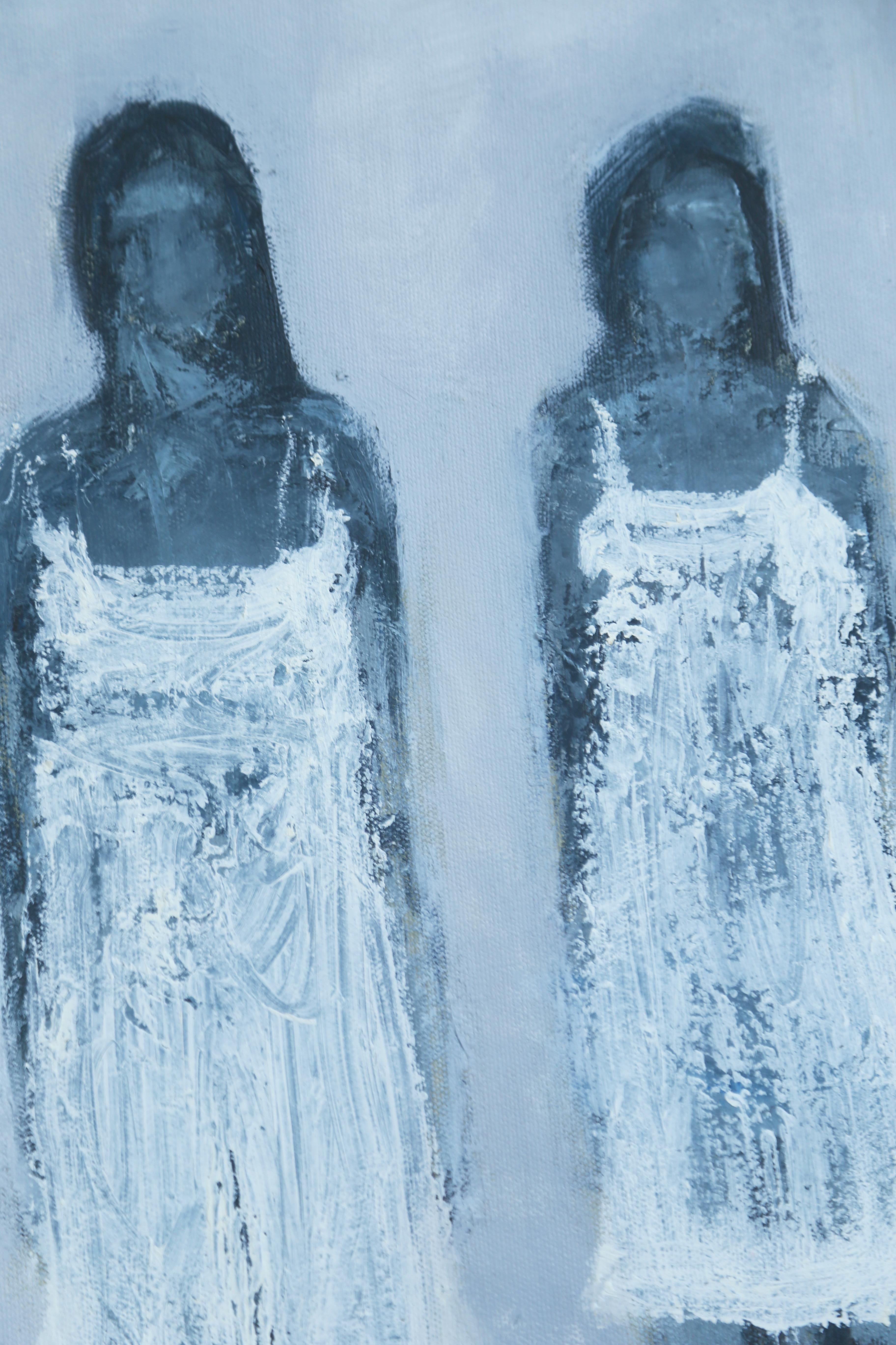 Contemporary Figurative Oil Painting - Quatros Mujeres - Blue Portrait Painting by Amlcar River M