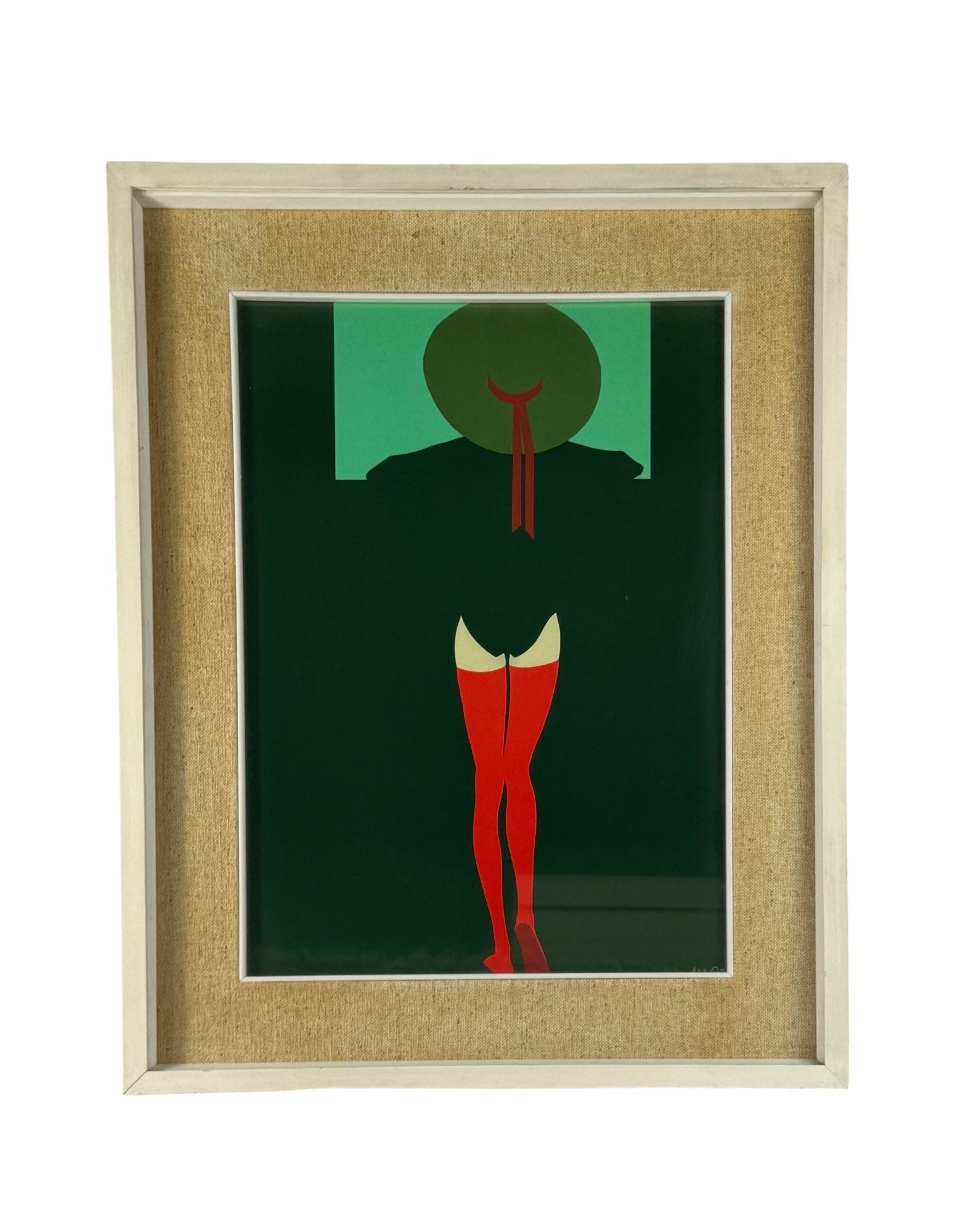 Hamlet Dalla Costa, Serigrafie auf Original-Glanzpapier, Erste Ausgabe, um 1990.

Gerahmt in einem handgefertigten Rahmen aus lackiertem Holz, das Passepartout ist aus Bast.

Siebdrucke auf Hochglanzpapier, ohne Angabe des Druckers.

Maße gerahmt:
