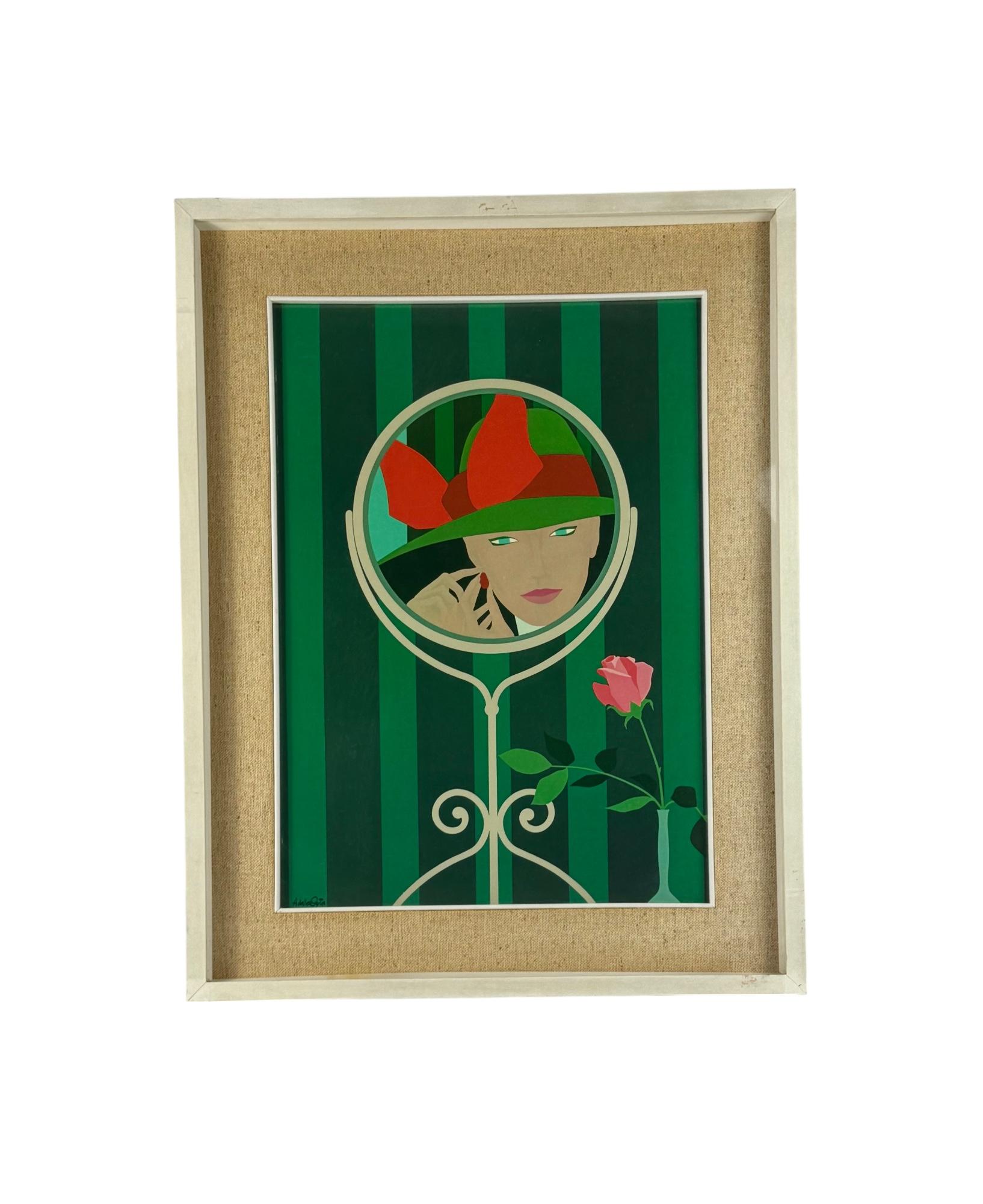 Hamlet Dalla Costa, serigraph on original glossy paper, First Edition, c. 1980.

Framed in handmade lacquered wood frame, the passepartout is raffia. Glass.

Silkscreen prints on glossy paper.

Dimensions framed: 61.5 × 48.5 × 5cm

Hamlet Dalla
