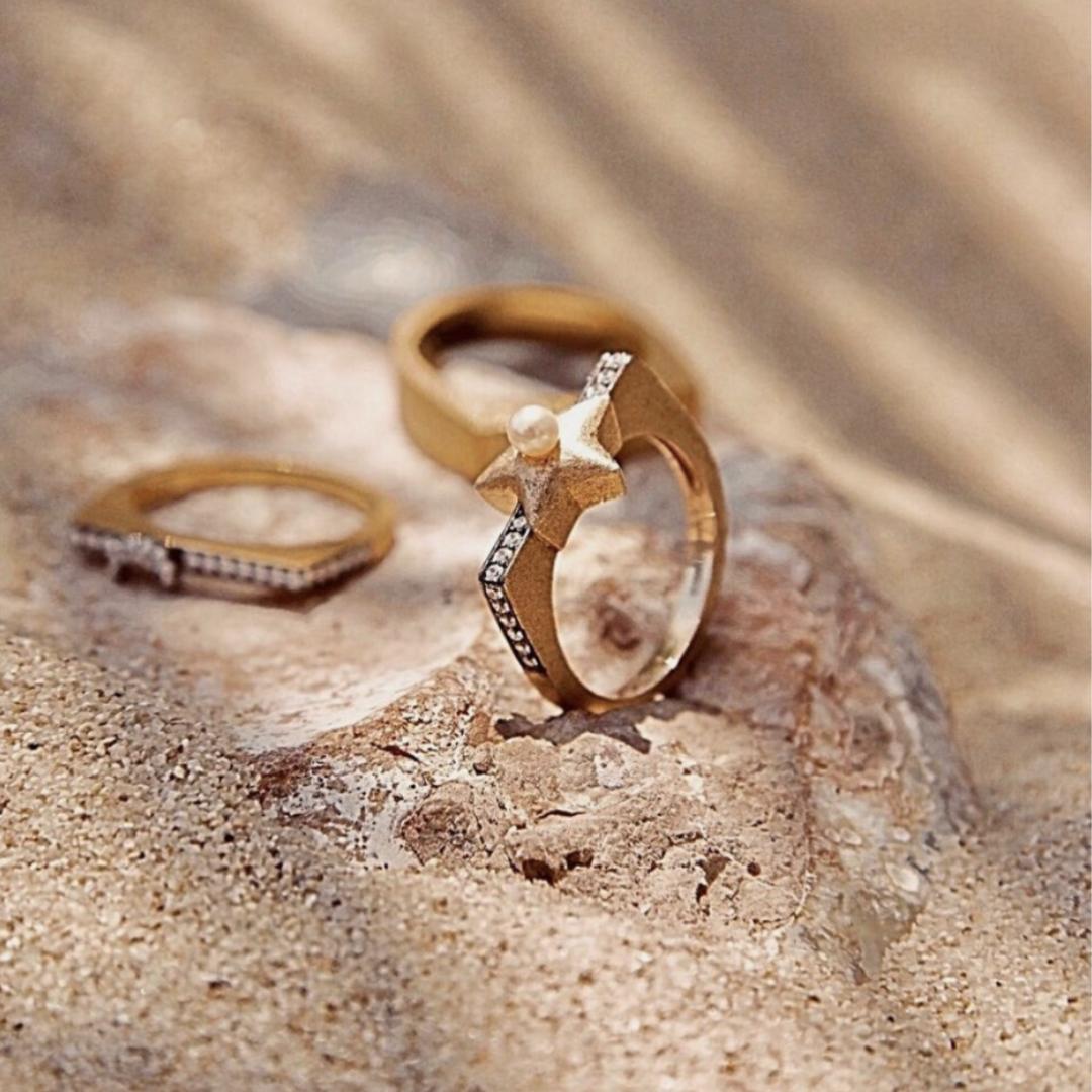 Im Angebot: Ammanii 18k Gold Vermeil Süßwasserperlen und Stern Ring mit kubischer Zirkon () 5