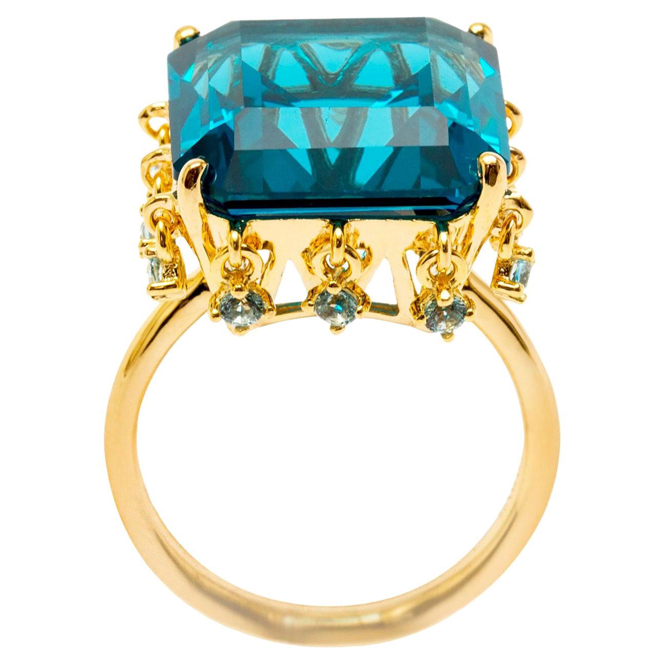 Ammanii Blue Topaz Cocktail Ring with Charms Vermeil Gold