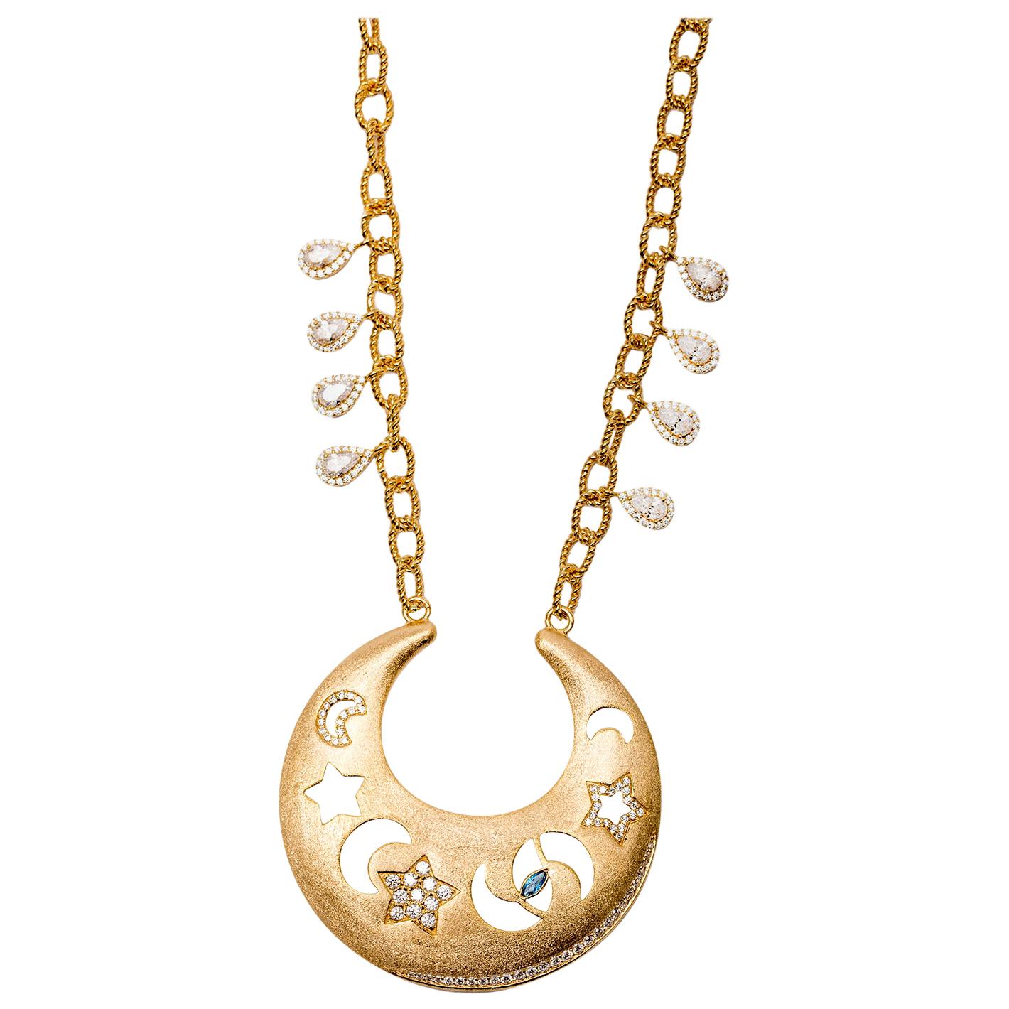 Ammanii Celestial Necklace with Moons, Stars and Protective Eye in Vermeil Gold