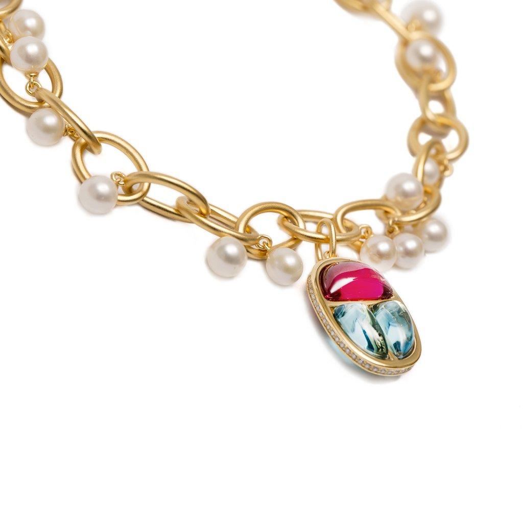 Contemporary Ammanii Charm Scarab Link Bracelet with Freshwater Pearls in Vermeil Gold