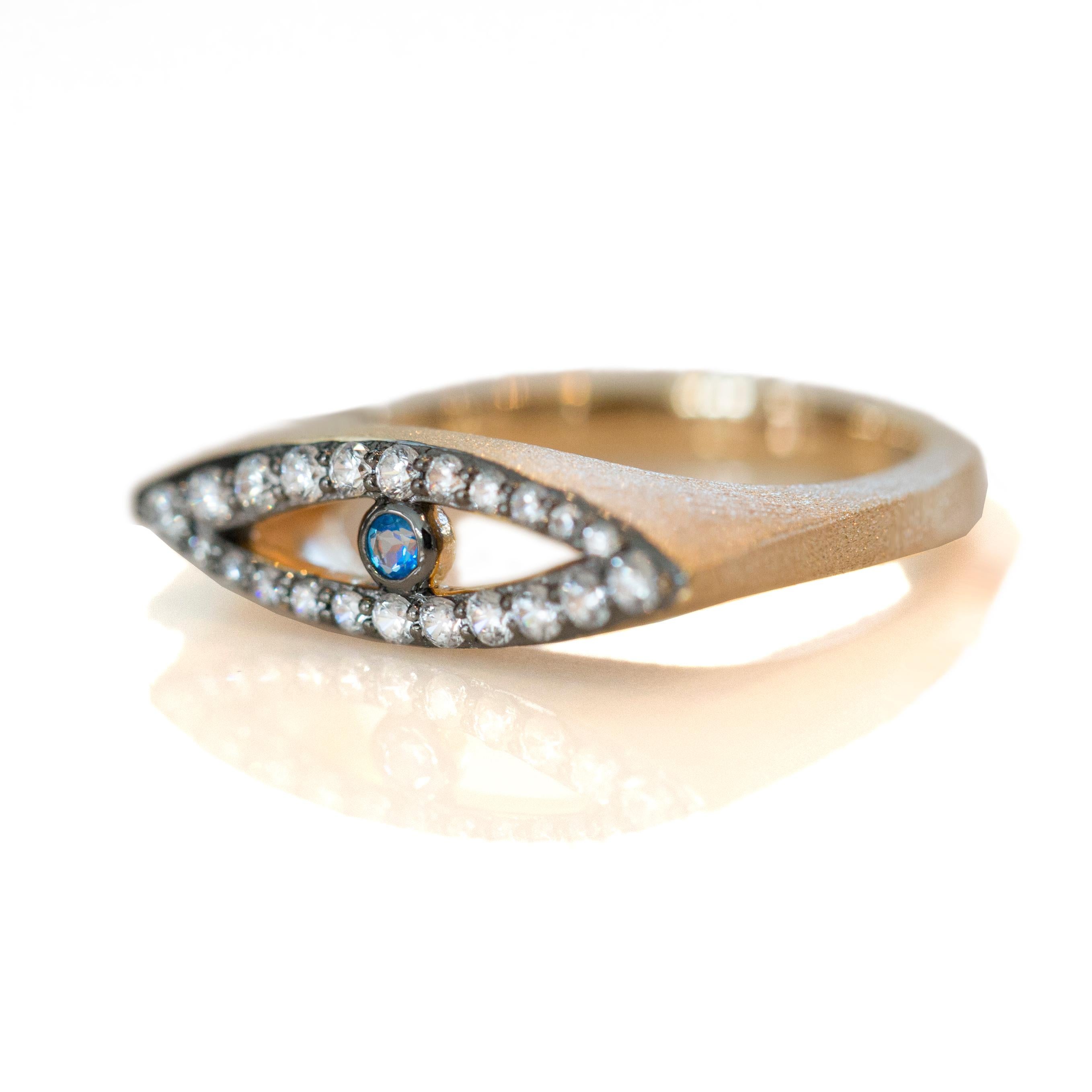 The eye symbol used across cultures for protection and wading away evil. Sa'mma protective eye ring is a reminder of the higher powers watching over us. Hand crafted in vermeil gold, clear zircon and blue or smokey topaz center. 
