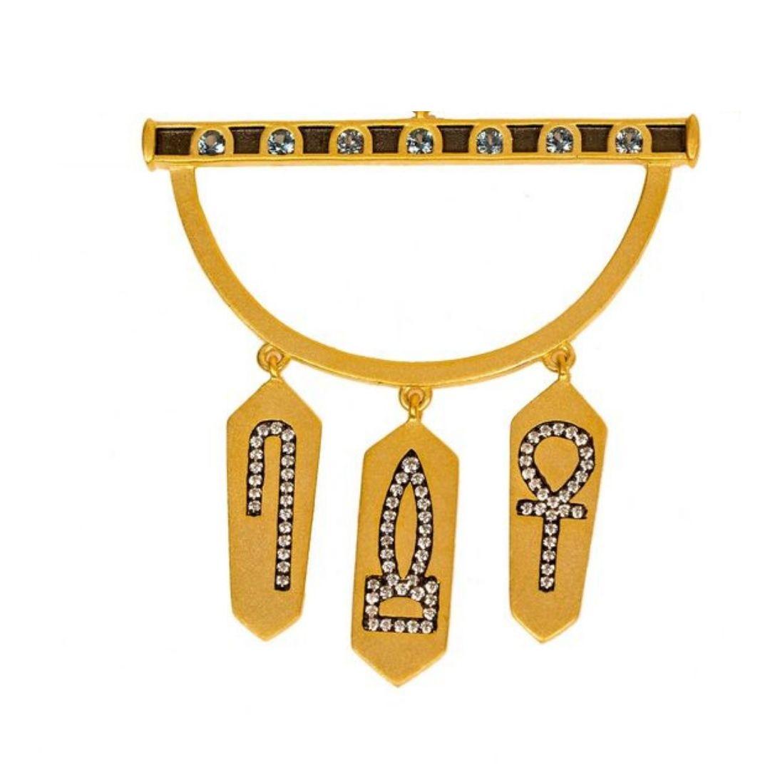 Contemporary Ammanii Hoop Earrings with Topaz and Zircon Hieroglyphic Amulets in Vermeil Gold