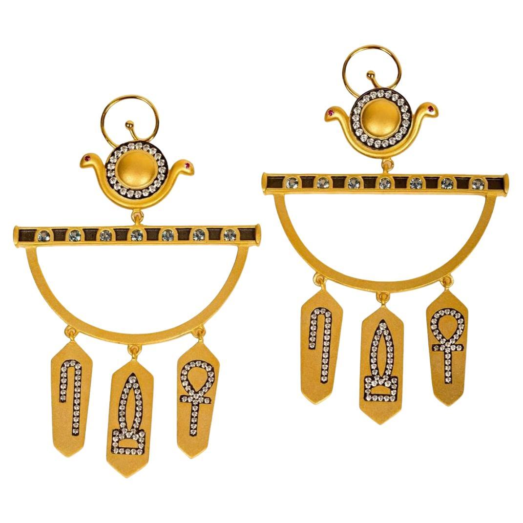 Ammanii Hoop Earrings with Hieroglyphic Amulets in Vermeil Gold