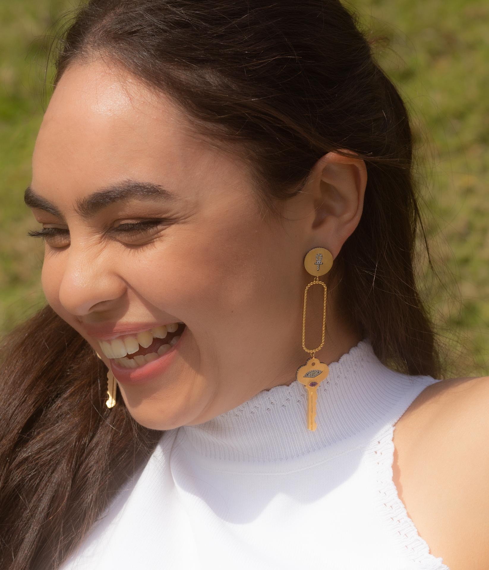 Contemporary Ammanii Key Earrings with Ankh Amulet in Vermeil Gold For Sale
