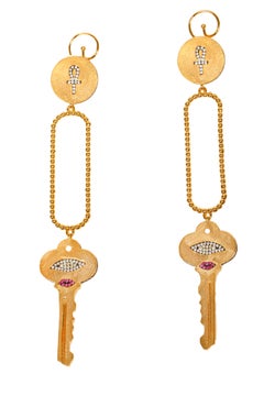 Ammanii Key Earrings with Zircon Evil Eye and Ankh in Vermeil Gold