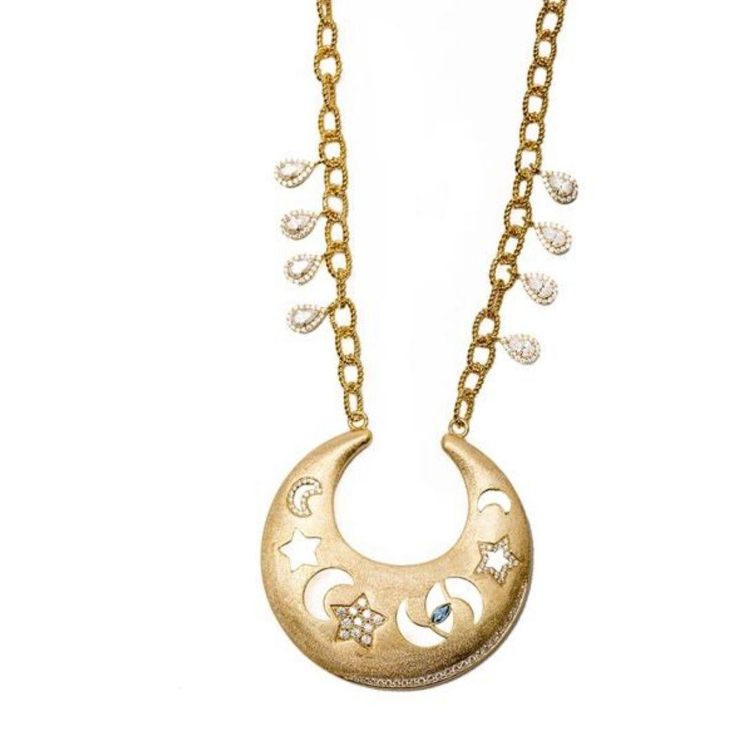 Women's or Men's Ammanii Moons, Stars and Evil Eye Necklace in Vermeil Gold with Blue Topaz