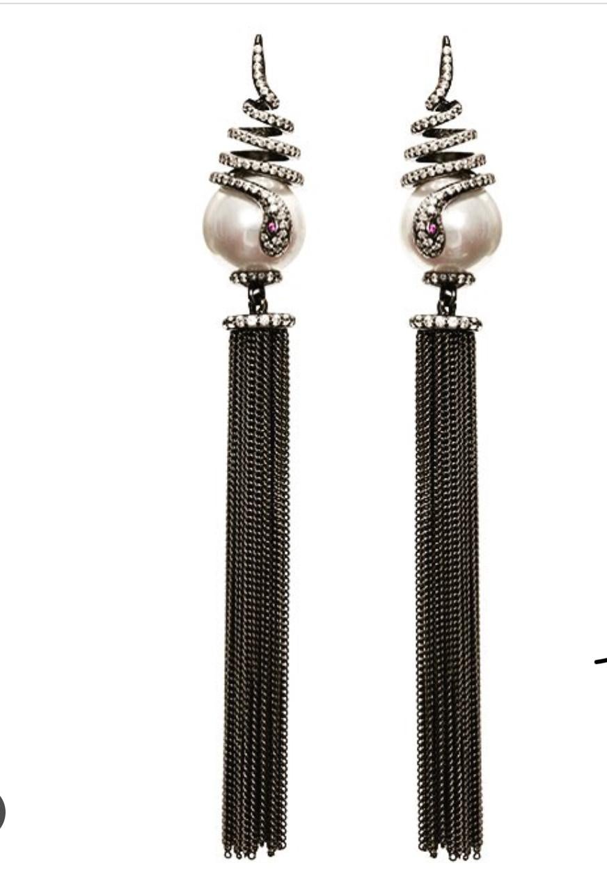 Brilliant Cut Ammanii Pearl and the Snake Black Rhodium Earrings with Tassels For Sale