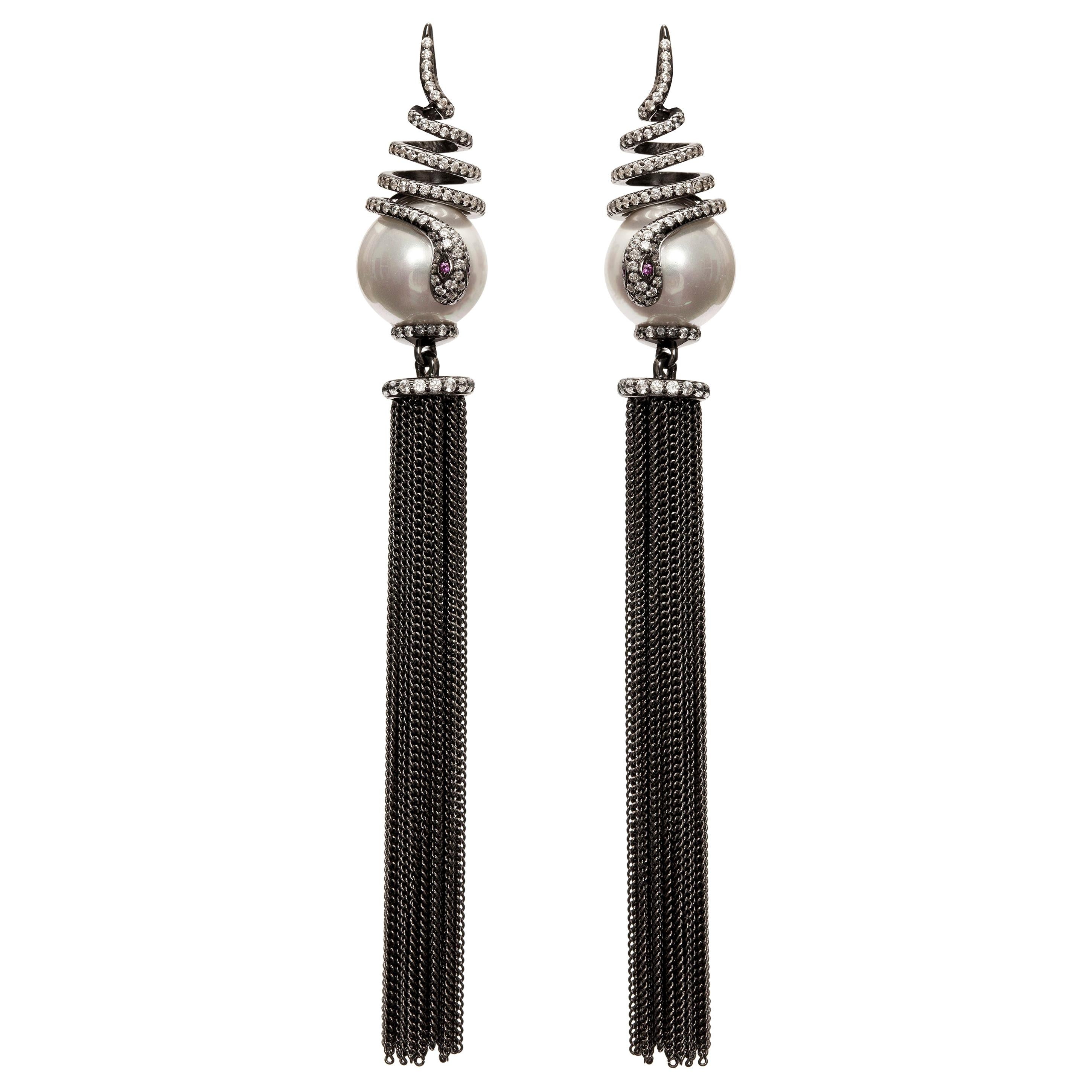 Ammanii Pearl and the Snake Black Rhodium Earrings with Tassels For Sale