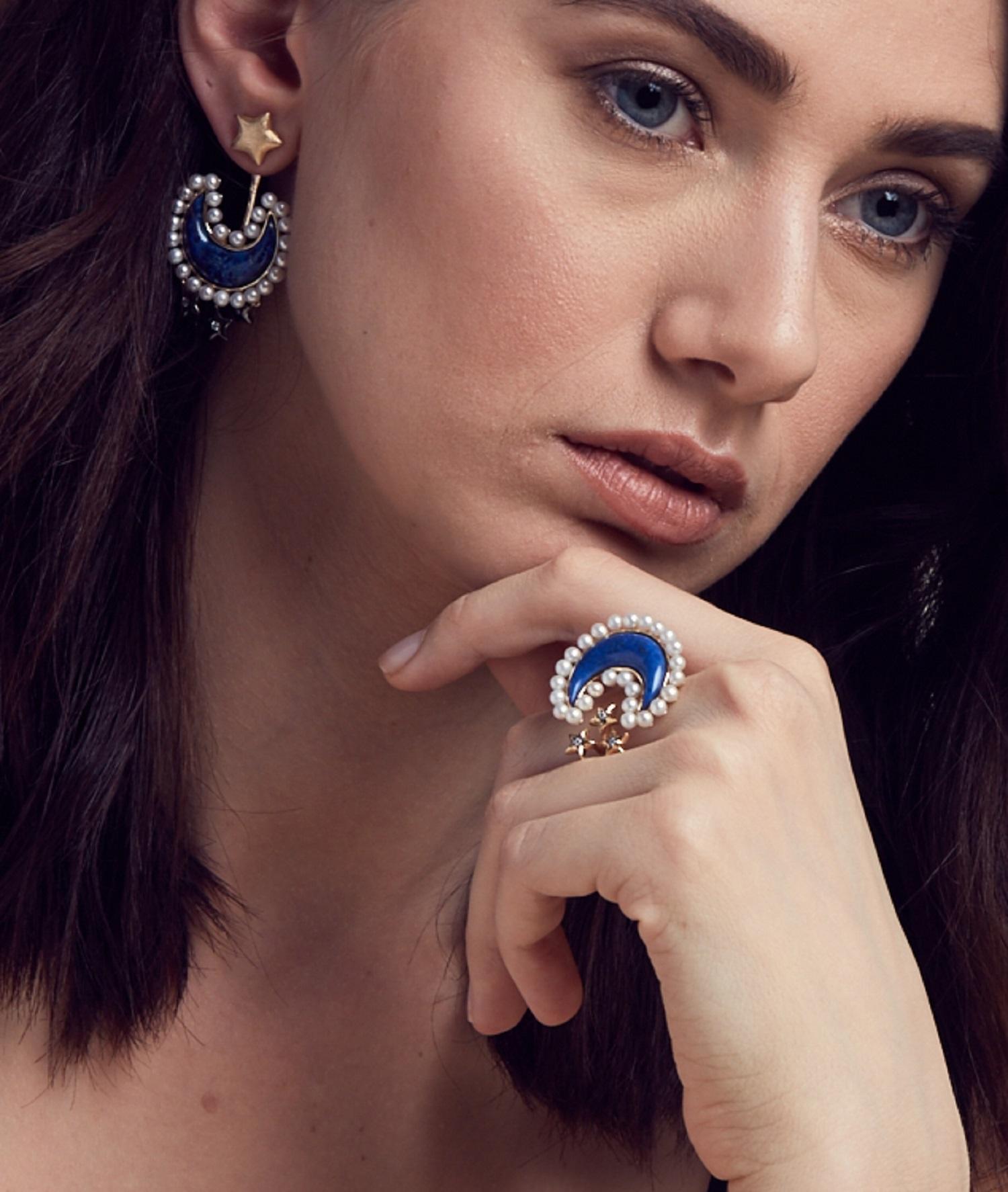Ammanii Pearls and Lapis Lazuli Moon and Stars Vermeil Cocktail Ring In New Condition In Beverly Hills, CA