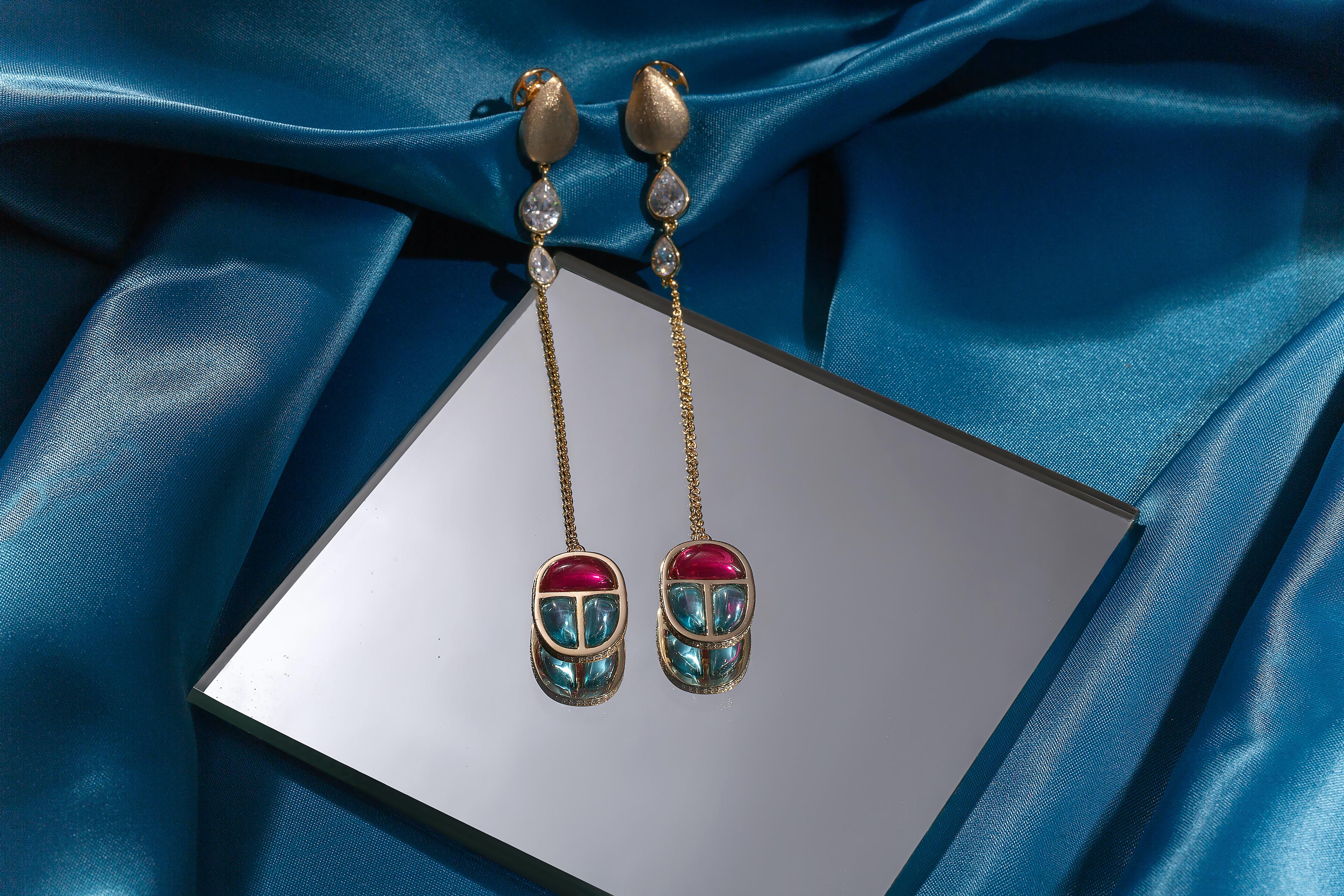 Oval Cut Ammanii Scarab Amulet Drop Vermeil Gold Earrings
