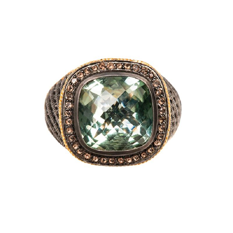 Part of AMMANII Princess Collection, A modern take on the classic signet ring. Hand crafted from rhodium plated sterling silver- no scratched guaranteed, with hand cut green citrine and amber color zircon. A bold statement with elegance and grace. 