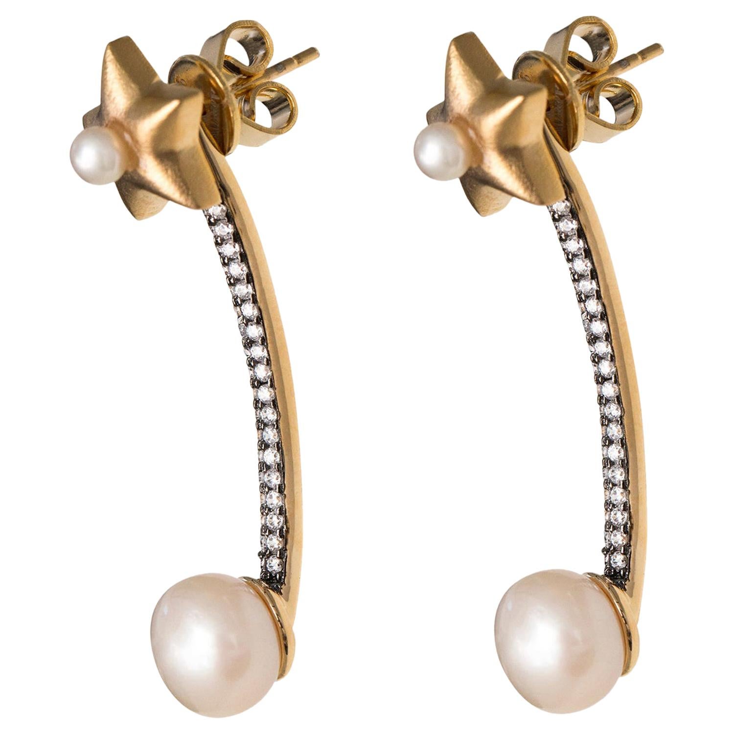 Ammanii Star Jacket Earrings with Pearls and Zircon in Vermeil Gold For Sale