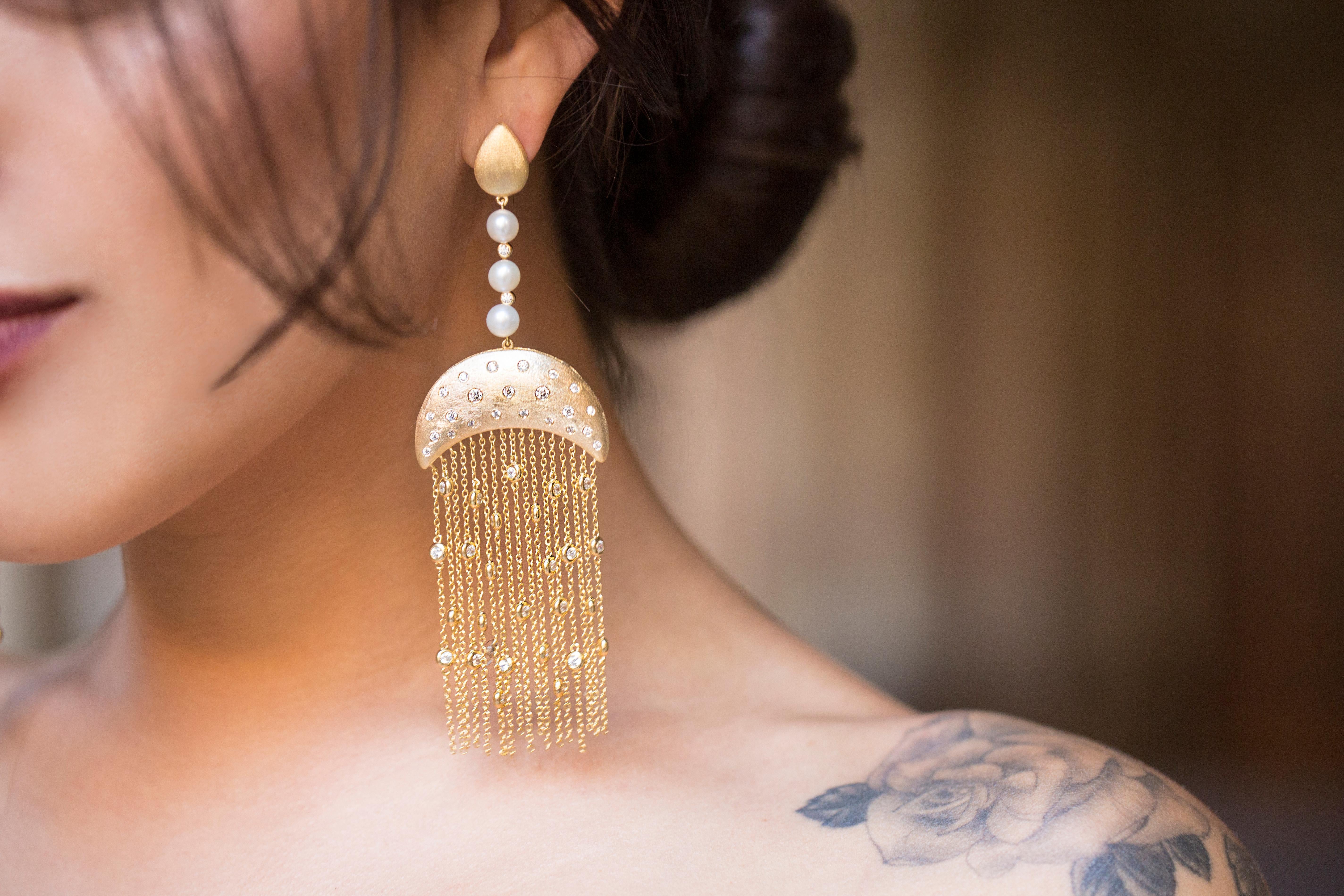 Victorian Ammanii Vermeil Gold Drop Earrings with Freshwater Pearls and Tassels For Sale