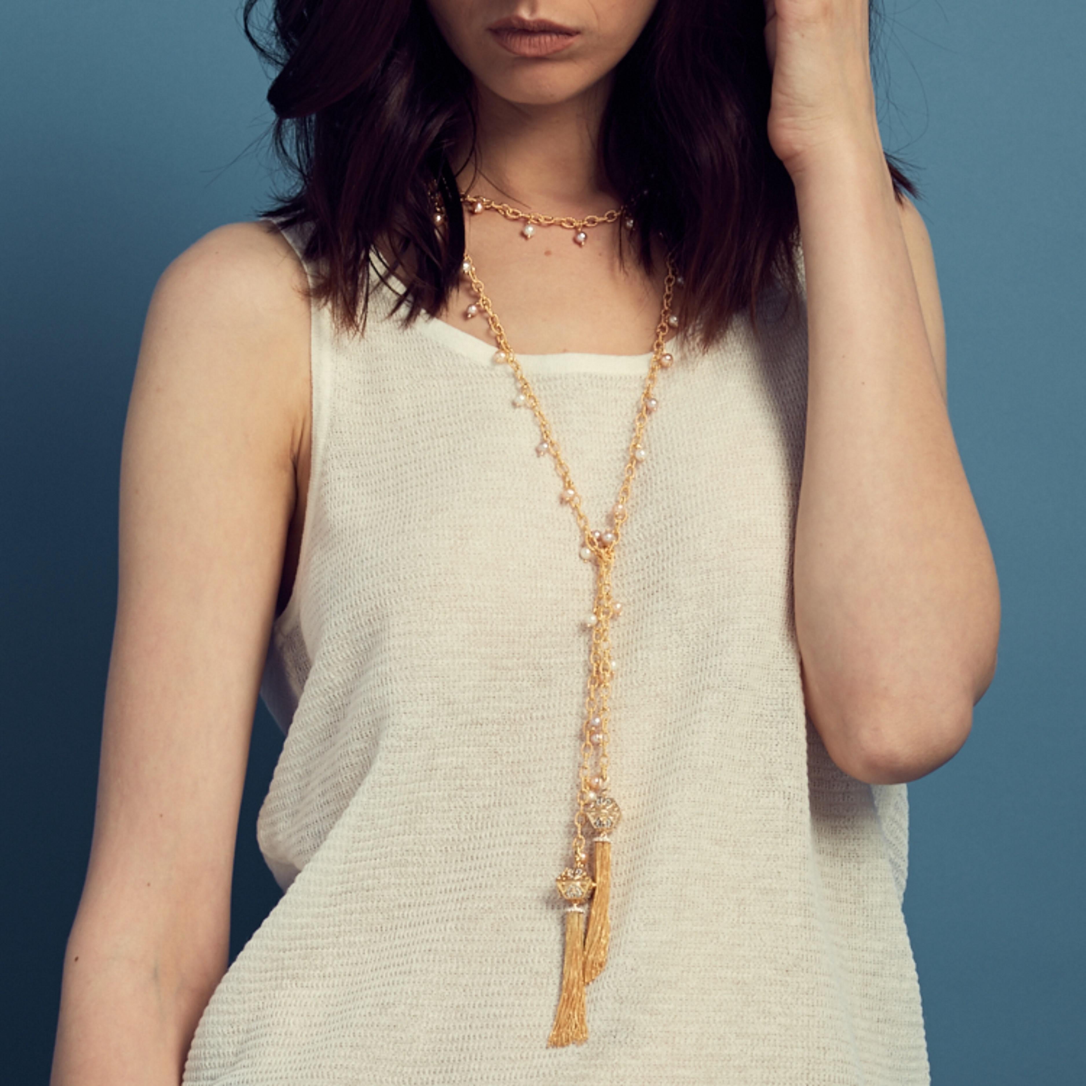 Contemporary Ammanii Vermeil Gold Long Lariat with Pearls and Tassels