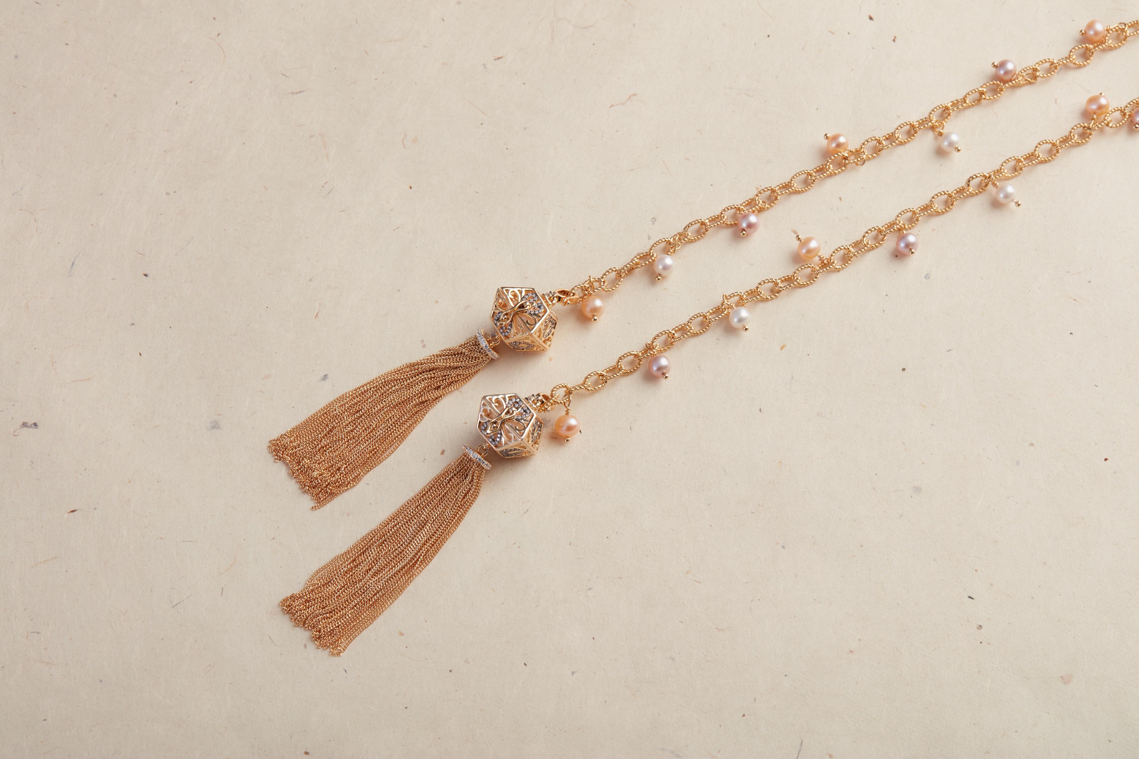 Ammanii Vermeil Gold Long Lariat with Pearls and Tassels In New Condition In Beverly Hills, CA