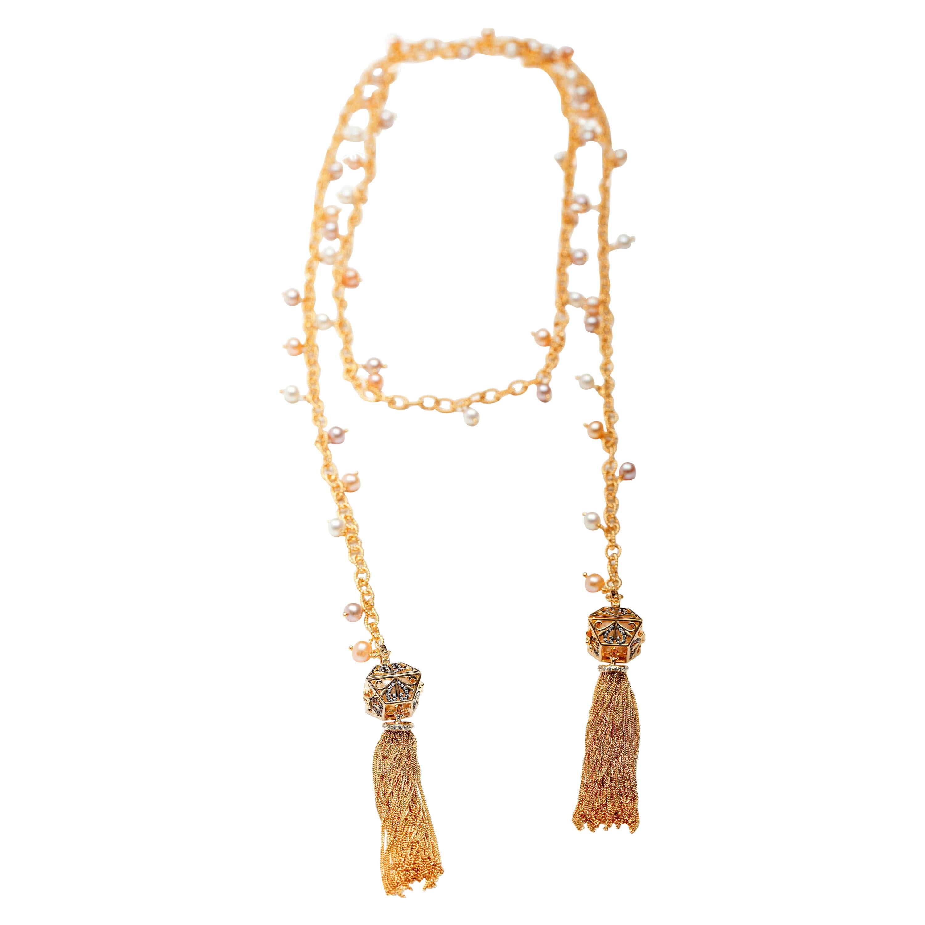 Ammanii Vermeil Gold Long Lariat with Pearls and Tassels