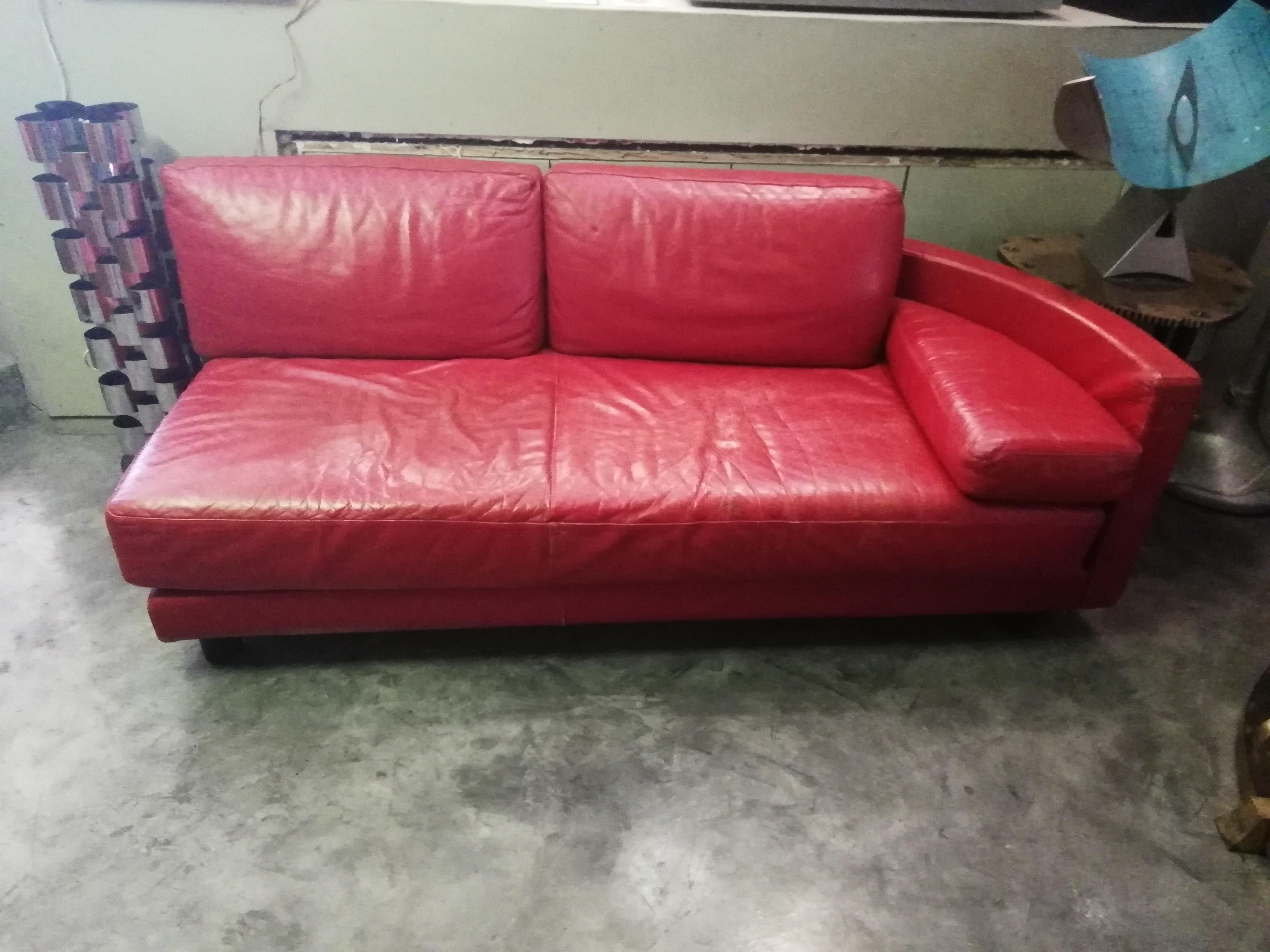 Comfortable 1980s sectional loveseat with red leather upholstery from the 