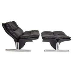 Ammannati & Vitelli Leather Lounge Chair & Ottoman Flat Chrome Base Italy 1970s