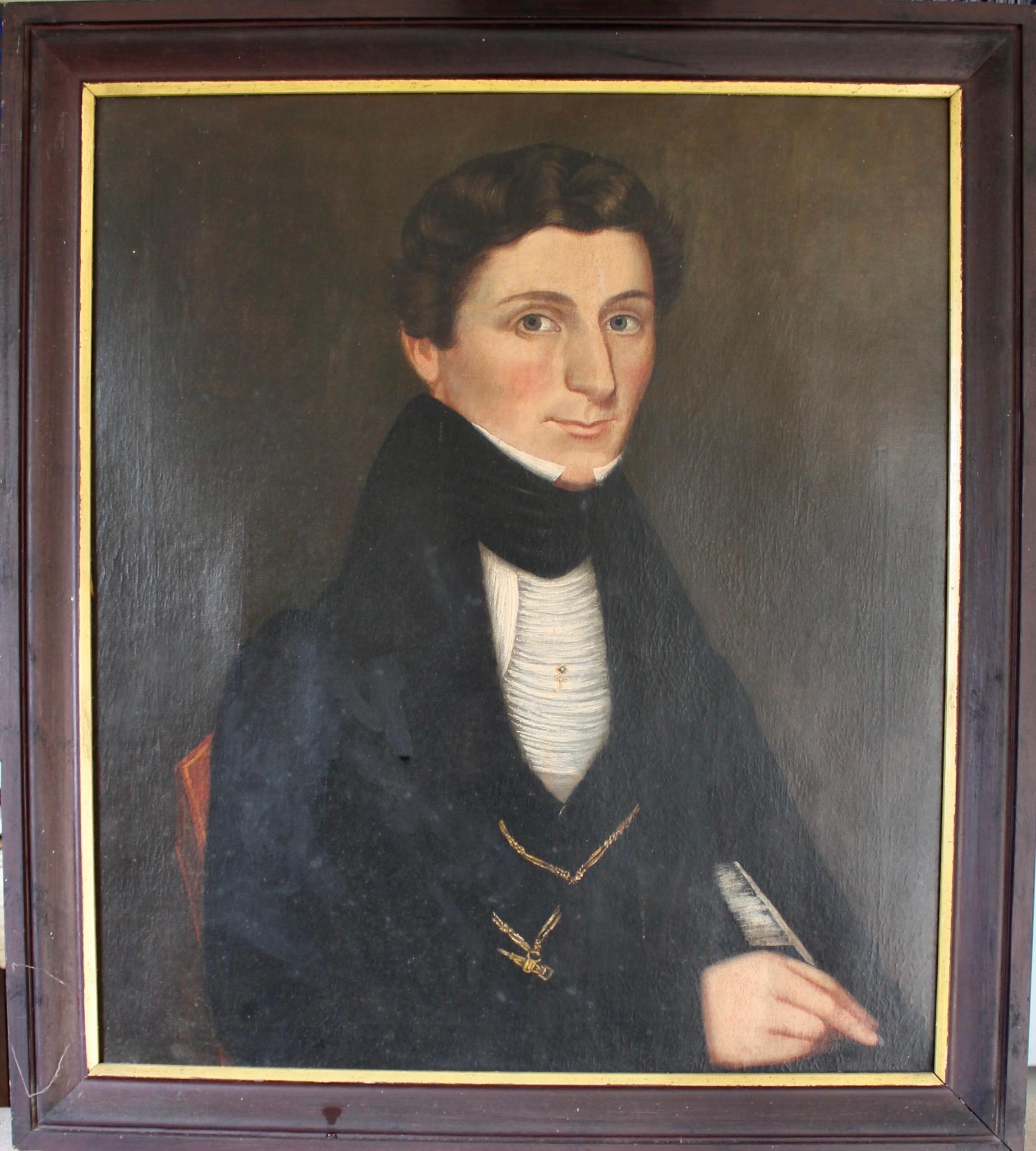 Jonas Welch Holman „Porträt eines jungen Mannes, der mit einer Quill schreibt“ (Volkskunst) im Angebot