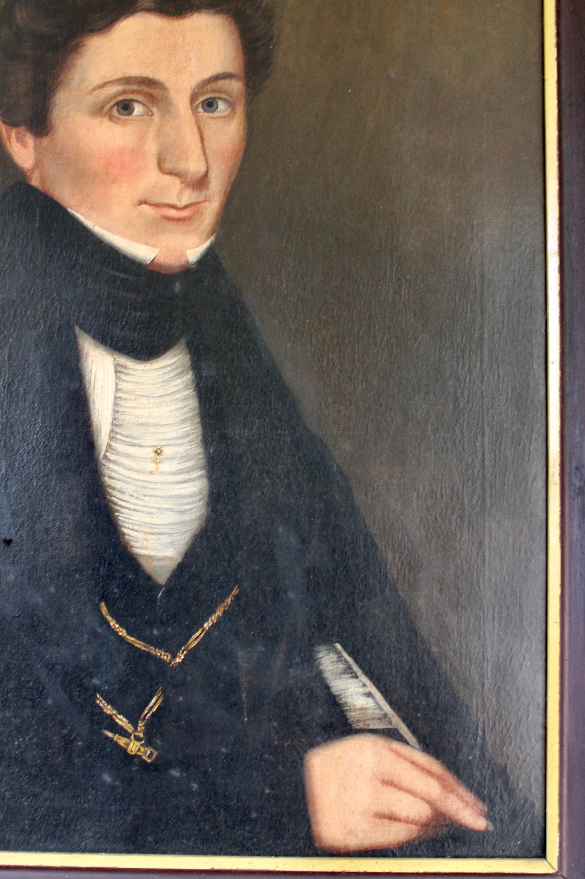 Jonas Welch Holman „Porträt eines jungen Mannes, der mit einer Quill schreibt“ (Handbemalt) im Angebot
